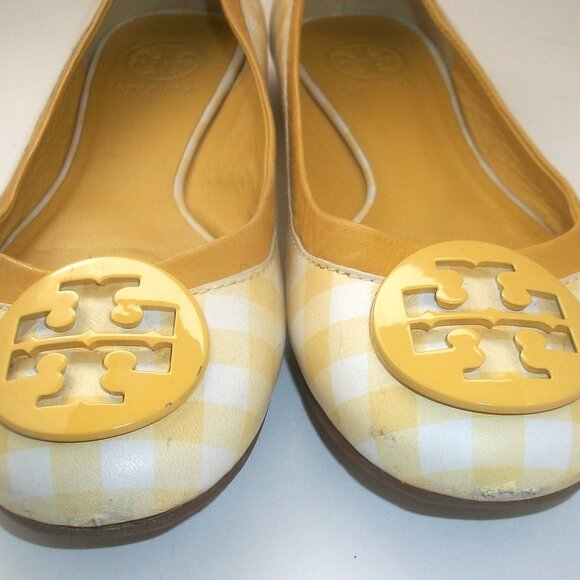 Tory Burch Minnie Yellow & White Gingham Ballet Flats w Yellow Patent Logo - Picture 8 of 9